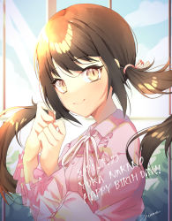 Rule 34 | 1girl, black hair, blurry, blush, character name, dated, depth of field, dress, hair tie, happy birthday, idolmaster, idolmaster cinderella girls, lace-trimmed sleeves, lace trim, long sleeves, looking at viewer, looking to the side, nakano yuka, neck ribbon, pink dress, ribbon, ribbon-trimmed collar, ribbon trim, shiromoru (yozakura rety), smile, solo, sunlight, twintails, upper body, window