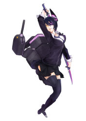 Rule 34 | 10s, 1girl, boots, eyepatch, fingerless gloves, full body, gloves, headgear, highres, kantai collection, mecha musume, necktie, personification, purple hair, school uniform, short hair, simple background, skirt, solo, sword, tenryuu (kancolle), thighhighs, totteri, weapon, yellow eyes