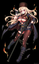 Rule 34 | 1girl, anti-materiel rifle, asymmetrical legwear, bandages, belt, belt boots, between breasts, black background, black footwear, black gloves, blonde hair, blood, bolt action, boots, breasts, brown hat, brown thighhighs, buttons, cleavage cutout, clothing cutout, crop top, cuts, dirty, dirty face, double-breasted, earrings, eyelashes, fire, fishnet pantyhose, fishnets, full body, fur hat, fur trim, girls&#039; frontline, gloves, gun, hair between eyes, hat, high heel boots, high heels, highres, holding, holding gun, holding weapon, injury, jacket, jewelry, knee boots, large breasts, legs apart, long hair, looking at viewer, military, military uniform, mole, mole under eye, mouth hold, open belt, pantyhose, papakha, pink eyes, ptrd-41, ptrd (girls&#039; frontline), revealing clothes, rewolf, rifle, scratches, simple background, single leg pantyhose, single thighhigh, skindentation, sleeves past elbows, sniper rifle, solo, thighhighs, torn clothes, torn jacket, torn legwear, underboob, underboob cutout, uneven legwear, uniform, weapon
