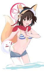 Rule 34 | 1girl, :d, animal ears, bag, ball, bare arms, beachball, bikini, blue archive, blue shorts, blush, breasts, brown eyes, brown hair, brown hat, commentary request, fang, flower, fox ears, fox girl, fox tail, front-tie bikini top, front-tie top, hair between eyes, hat, highres, holding, holding bag, izuna (blue archive), izuna (swimsuit) (blue archive), kuji-in, leaning forward, looking at viewer, medium breasts, navel, neika-chan, open clothes, open fly, open mouth, open shorts, short shorts, shorts, simple background, smile, solo, standing, striped bikini, striped clothes, sunflower, swimsuit, tail, v-shaped eyebrows, visor cap, water, white background, yellow flower