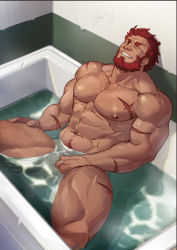 Rule 34 | 1boy, abs, absurdres, bara, bathtub, beard, completely nude, dark-skinned male, dark skin, facial hair, fate/grand order, fate (series), flaccid, grin, highres, iskandar (fate), large pectorals, looking at viewer, male focus, mature male, muscular, muscular male, navel, navel hair, nipples, nude, one eye closed, partially submerged, pectorals, penis, pubic hair, pubic hair peek, red eyes, red hair, scar, scar on arm, scar on chst, scar on leg, selkiro, short hair, smile, solo, spread legs, stomach, thick thighs, thighs