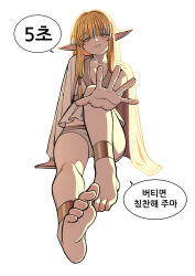 Rule 34 | 1girl, absurdres, barefoot, blonde hair, feet, highres, light blush, long hair, looking at viewer, parted lips, pointy ears, serie (sousou no frieren), sinssa4, soles, sousou no frieren, toes, translated, yellow eyes
