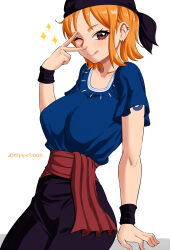 Rule 34 | 1girl, :q, absurdres, alternate costume, bandana, black bandana, black pants, blue shirt, breasts, brown eyes, collarbone, commentary, ear piercing, elpipe 3000, english commentary, eyelashes, highres, large breasts, medium hair, nami (one piece), one eye closed, one piece, orange hair, pants, piercing, shirt, solo, sparkle, standing, tongue, tongue out, v