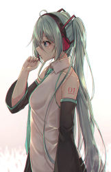 Rule 34 | 1girl, ahoge, akira (been0328), bad id, bad pixiv id, bare shoulders, black skirt, black sleeves, breasts, collared shirt, commentary, detached sleeves, gradient background, green eyes, green hair, green necktie, grey background, hair ornament, hatsune miku, headphones, headset, highres, long hair, long sleeves, necktie, pleated skirt, profile, shirt, skirt, sleeveless, sleeveless shirt, small breasts, solo, twintails, upper body, very long hair, vocaloid, white background, white shirt, wide sleeves