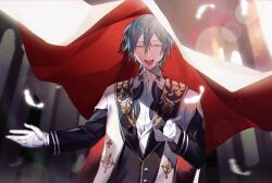 Rule 34 | 1boy, black background, black jacket, black sleeves, cape, collared jacket, collared shirt, commentary, cross, earpiece, ensemble stars!, feathers, gloves, green hair, half-closed eyes, highres, jacket, kazehaya tatsumi, komatsu2536, long sleeves, looking at viewer, mole, mole under eye, open mouth, outstretched arm, outstretched hand, purple eyes, reaching, reaching towards viewer, shirt, short hair, smile, symbol-only commentary, teeth, upper body, upper teeth only, white cape, white gloves, white shirt