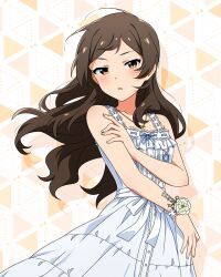 Rule 34 | 1girl, blush, brown eyes, brown hair, dress, flower bracelet, hand on own arm, idolmaster, idolmaster million live!, idolmaster million live! theater days, jewelry, kitazawa shiho, long hair, necklace, official art, parted lips, sleeveless, sleeveless dress, solo, white background, white dress