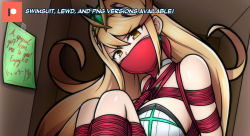 Rule 34 | 1girl, bdsm, blonde hair, bondage, bound, breasts, gem, hair ornament, headpiece, highres, indoors, jewelry, large breasts, long hair, magnolia-baillon, mythra (xenoblade), nervous, nintendo, solo, swept bangs, swimsuit, tiara, very long hair, xenoblade chronicles (series), xenoblade chronicles 2, yellow eyes