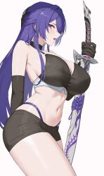Rule 34 | 1girl, absurdres, acheron (honkai: star rail), armpit crease, bare shoulders, black choker, black gloves, black shorts, breasts, choker, cleavage, commentary, cowboy shot, crop top, earrings, elbow gloves, gloves, highres, holding, holding sword, holding weapon, honkai: star rail, honkai (series), jewelry, katana, large breasts, long hair, looking at viewer, midriff, navel, nvl, open mouth, purple eyes, purple hair, scabbard, sheath, sheathed, short shorts, shorts, simple background, solo, standing, stomach, sword, thighs, very long hair, weapon, white background