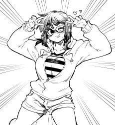 Rule 34 | 1girl, ;p, breasts, double v, fukumaaya, glasses, greyscale, heart, highres, hood, hoodie, inoue mari, jimiko, large breasts, looking at viewer, low twintails, marumaru shikaji ka, monochrome, motion lines, one eye closed, plump, shirt, short twintails, solo, striped clothes, striped shirt, thick eyebrows, tongue, tongue out, twintails, v, white background