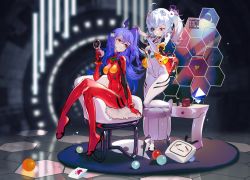 Rule 34 | 2girls, absurdres, adjusting hair, ahoge, armchair, ayanami rei (cosplay), bili girl 22, bili girl 33, bilibili, blue hair, bodysuit, breasts, cellphone, chair, character request, commentary, cosplay, english commentary, flip phone, full body, grandia lee, hexagon, highres, light smile, long hair, looking at another, medium hair, multiple girls, neon genesis evangelion, nerv, phone, plugsuit, rebuild of evangelion, red bodysuit, shiny clothes, sitting, skin tight, small breasts, souryuu asuka langley (cosplay), stool, twintails, wall panel, white hair, youtube creator award