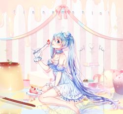 Rule 34 | 1girl, barefoot, blue eyes, blue hair, blue hat, breasts, cake, cleavage, eating, food, fork, gloves, hat, hatsune miku, holding, holding fork, long hair, looking at viewer, mini hat, mini top hat, parted lips, plate, see-through, shina (sbk951121), sitting, solo, top hat, very long hair, vocaloid, wariza, white gloves
