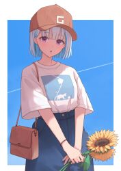 Rule 34 | 1girl, absurdres, bag, baseball cap, blue hair, blue pants, border, colored inner hair, commentary request, cowboy shot, earrings, ene mizunoawa, flower, hat, highres, jewelry, lize helesta, looking at viewer, multicolored hair, nijisanji, open mouth, outdoors, pants, purple eyes, red hat, revision, shirt, short hair, short sleeves, solo, standing, sunflower, v arms, virtual youtuber, white border, white hair, white shirt