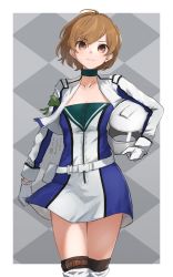 Rule 34 | 1girl, bandaid, bandaid on face, belt, black thighhighs, blue jacket, blush, brown eyes, closed mouth, collarbone, cosplay, fuji speedway, gloves, helmet, highres, holding, holding helmet, jacket, kantai collection, light brown hair, oboro (kancolle), race queen, short hair, smile, solo, thighhighs, umibudou, white belt, white gloves, white jacket