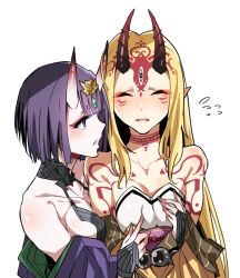 Rule 34 | 2girls, asakawa (outeq), bad id, bad twitter id, bare shoulders, beads, blonde hair, blunt bangs, blush, breast poke, breasts, closed eyes, collarbone, eyebrows, facial mark, fang, fate/grand order, fate (series), flying sweatdrops, hair ornament, horns, ibaraki douji (fate), japanese clothes, jewelry, long hair, multiple girls, off shoulder, oni, poking, prayer beads, purple eyes, purple hair, short hair, shuten douji (fate), skin-covered horns, small breasts, tattoo, third eye, upper body, yuri