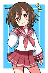 Rule 34 | 1girl, absurdres, artist name, blush stickers, brown eyes, brown hair, closed mouth, dot nose, fang, female focus, hendra, highres, kusakabe misao, long sleeve shirt, long sleeves, looking at viewer, lucky star, medium hair, miniskirt, red sailor collar, sailor collar, school uniform, serafuku, shirt, skirt, solo, standing
