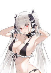 Rule 34 | 1girl, absurdres, armband, armpits, arms up, azur lane, bikini, blush, breasts, collarbone, cowboy shot, dressing, eyes visible through hair, formidable (azur lane), frilled bikini, frills, gothic lolita, hair ornament, hair over one eye, highres, jewelry, large breasts, lolita fashion, long hair, looking at viewer, mouth hold, navel, necklace, red eyes, side-tie bikini bottom, simple background, solo, sq, swimsuit, twintails, untied bikini, upper body, very long hair, white hair