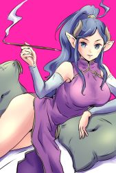 Rule 34 | 1girl, blue eyes, blue hair, breasts, breath of fire, breath of fire iv, deis, detached sleeves, dress, highres, large breasts, long hair, looking at viewer, monster girl, pointy ears, smile, solo