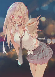 Rule 34 | 1girl, black choker, blonde hair, blue necktie, blue skirt, blurry, blurry background, blush, bokeh, bread, breast pocket, breasts, choker, cleavage, cowboy shot, depth of field, ear piercing, earrings, finger to mouth, fingernails, food, food on face, holding, holding food, jewelry, kitagawa marin, large breasts, leaning forward, long fingernails, long hair, looking at viewer, miniskirt, mole, mole on breast, nail polish, necktie, night, piercing, pinky ring, plaid, plaid skirt, pleated skirt, pocket, red eyes, school uniform, shirt, sidelocks, skirt, solo, sono bisque doll wa koi wo suru, swept bangs, sydus, tied shirt