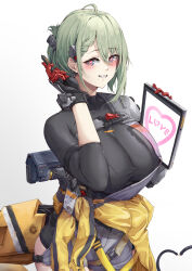 Rule 34 | 1girl, absurdres, ahoge, blush, breasts, cleavage, clothes around waist, de lacey (neural cloud), enin, girls&#039; frontline neural cloud, gloves, green eyes, highres, large breasts, mole, short hair, shorts, smile, solo, strap, symbol-shaped pupils
