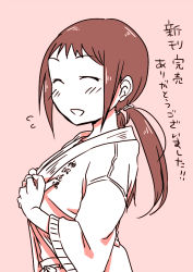 1girl, bangs, black hair, blush, brown eyes, dougi, embarrassed, eyes closed, female focus, from side, hair ornament, hands, happy, holding, holding clothes, holding shirt, idolmaster, idolmaster cinderella girls, japanese text, karate gi, long hair, long twintails, low twintails, monochrome, nakano yuka, namco, neck, open clothes, open mouth, open shirt, pale color, pink background, removing shirt, shirt, simple background, smile, standing, sweatdrop, traditional media, twintails