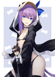 Rule 34 | 1girl, animal hood, armor, bare shoulders, bikini, black bikini, black jacket, blue bow, blue eyes, blush, bow, breasts, choker, collarbone, fate/grand order, fate (series), fujimaru ritsuka (male), greaves, hood, hood up, jacket, kyoeiki, long hair, long sleeves, looking at viewer, meltryllis, meltryllis (fate), meltryllis (swimsuit lancer) (fate), open clothes, open jacket, penguin hood, prosthesis, prosthetic leg, purple hair, sleeves past fingers, sleeves past wrists, small breasts, smile, solo, stuffed toy, swimsuit, thighs, tongue, tongue out, very long hair