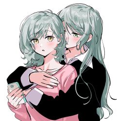 Rule 34 | 2girls, :o, aqua hair, bang dream!, black sweater, blush, breasts, cellphone, closed mouth, collarbone, collared shirt, commentary, dress shirt, green eyes, highres, hikawa hina, hikawa sayo, holding, holding phone, hug, hug from behind, incest, long hair, long sleeves, looking at another, looking at viewer, medium breasts, medium hair, multiple girls, open mouth, phone, pink shirt, shirt, shirt under sweater, siblings, sidelocks, simple background, smartphone, sweater, twincest, twins, upper body, white background, white shirt, yuri, zihacheol