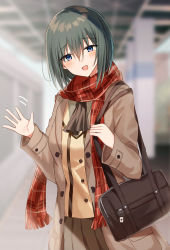 Rule 34 | 1girl, :d, ascot, bag, black ascot, black hair, blue eyes, blurry, blurry background, brown coat, brown shirt, brown skirt, coat, commentary request, depth of field, fringe trim, hair between eyes, hand up, head tilt, highres, indoors, kinona, long sleeves, looking at viewer, open clothes, open coat, open mouth, original, plaid, plaid scarf, pleated skirt, red scarf, scarf, shirt, shoulder bag, skirt, smile, solo