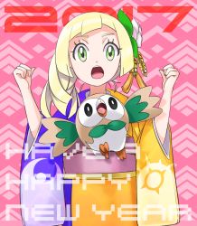 Rule 34 | 1girl, :o, arms up, blonde hair, blunt bangs, creatures (company), ehime mikan (mikaaaaan128), english text, eyelashes, flower, flower on head, game freak, gen 7 pokemon, green eyes, hair flower, hair ornament, highres, japanese clothes, kimono, lillie (pokemon), multicolored clothes, multicolored kimono, new year, nintendo, open mouth, pink background, pokemon, pokemon (creature), pokemon sm, ponytail, rowlet, side ponytail, simple background, text focus