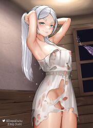 Rule 34 | 1girl, absurdres, adjusting hair, armpits, arms behind head, arms up, artist name, blush, breasts, cleft of venus, commentary, cowboy shot, deep duck, dissolving clothes, dress, english commentary, frieren, glass bottle, green eyes, half-closed eyes, hands up, highres, indoors, looking at viewer, muntins, nipples, pointy ears, pussy, pussy peek, small breasts, smug, solo, sousou no frieren, standing, thighhighs, twintails, twitter username, variant set, water drop, wet, wet hair, white dress, white hair, window, wooden wall