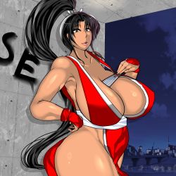 Rule 34 | 1girl, breasts, fatal fury, highres, huge breasts, ponytail, revealing clothes, shiranui mai, solo