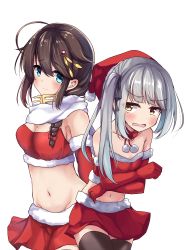 Rule 34 | 2girls, absurdres, alternate costume, blush, braid, breasts, christmas, closed mouth, elbow gloves, fur trim, gloves, grey hair, hair between eyes, hair ornament, hair ribbon, highres, kantai collection, kasumi (kancolle), kasumi kai ni (kancolle), long hair, looking at viewer, medium breasts, miniskirt, multiple girls, navel, open mouth, red gloves, red skirt, ribbon, santa costume, shigure (kancolle), side ponytail, single braid, skirt, small breasts, smile, soramuko, thighhighs
