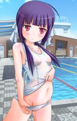 Rule 34 | 10s, 1girl, ahoge, blush, breasts, clothes pull, groin, hair ribbon, highres, kinoshita ringo (no-rin), looking at viewer, midriff, navel, nipples, no-rin, one-piece swimsuit pull, pink eyes, pool, purple hair, ribbon, rokushaku neko, school swimsuit, school swimsuit flap, see-through, small breasts, solo, swimsuit, twintails, undressing