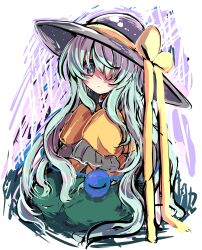 Rule 34 | 1girl, aqua hair, black hat, blouse, bow, closed mouth, expressionless, eyeball, frilled shirt collar, frilled sleeves, frills, full body, green eyes, green skirt, hat, hat bow, hat ribbon, highres, komeiji koishi, long hair, long ribbon, long sleeves, looking at viewer, one eye covered, ribbon, rpameri, shirt, simple background, sitting, skirt, solo, third eye, touhou, very long hair, wavy hair, white background, wide sleeves, yellow bow, yellow ribbon, yellow shirt