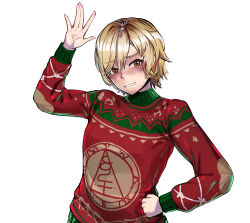 Rule 34 | 1girl, absurdres, blonde hair, brown eyes, christmas, commission, dead by daylight, ghgnvm, heather mason, highres, looking at viewer, short hair, silent hill (series), silent hill 3, simple background, smile, solo, sweater, waving, white background