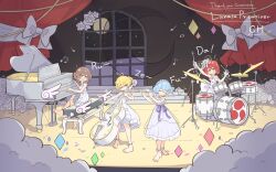 Rule 34 | 4girls, ankle ribbon, barefoot, blonde hair, blue ribbon, bow (weapon), brown eyes, brown hair, closed eyes, crescent, double bass, dress, drum, drum set, drumsticks, elbow gloves, flower, flute, frilled dress, frills, full moon, gloves, grand piano, hair flower, hair ornament, highres, holding, holding bow (weapon), holding drumsticks, holding instrument, holding weapon, horikawa raiko, instrument, leg ribbon, lunasa prismriver, lyrica prismriver, merlin prismriver, moon, multiple girls, no headwear, piano, primsla, red curtains, red eyes, red hair, ribbon, sitting, stage, standing, strapless, strapless dress, touhou, weapon, white dress, window, yellow eyes