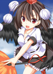 Rule 34 | 1girl, black skirt, black wings, blue sky, breasts, cleavage, cloud, collared shirt, day, hand fan, feathered wings, frilled skirt, frills, hat, hisae (hisae collect), leaf fan, looking at viewer, medium breasts, miniskirt, open mouth, pom pom (clothes), red eyes, red footwear, shameimaru aya, shirt, shoes, short sleeves, skirt, sky, smile, solo, tokin hat, touhou, white shirt, wings
