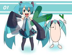 Rule 34 | 1girl, afterimage, black footwear, black skirt, black sleeves, blue eyes, blue hair, blue necktie, blush, boots, commentary request, detached sleeves, full body, grey shirt, hair between eyes, hair ornament, harukana (pixiv), hatsune miku, headset, long bangs, long hair, looking at viewer, necktie, oimoroido, open mouth, oversized food, oversized object, pleated skirt, round teeth, shirt, skirt, sleeveless, sleeveless shirt, sleeves past fingers, sleeves past wrists, smile, spring onion, standing, teeth, thigh boots, tongue, tongue out, upper teeth only, very long hair, vocaloid, waving