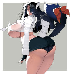Rule 34 | 1girl, :/, absurdres, animal ears, ass, black hair, black nails, black panties, black skirt, border, bow, breasts, clothing cutout, collared shirt, commission, cropped shirt, curvy, fingerless gloves, from behind, front-tie top, gloves, grey background, hair over one eye, highres, huge breasts, kouno (masao), lace, lace-trimmed panties, lace trim, legs together, long hair, looking at viewer, miniskirt, mole, mole under mouth, multiple scars, nail polish, original, panties, red bow, scar, scar across eye, scar on ass, scar on back, scar on breasts, scar on face, scar on leg, scar on stomach, shirt, skeb commission, skindentation, skirt, solo, tail, tail bow, tail ornament, tail through clothes, thick thighs, thighs, underboob, underwear, wedgie, white border, yellow eyes