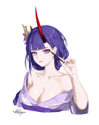 Rule 34 | 1girl, bare shoulders, breasts, chaciooh, cleavage, collarbone, commentary request, cosplay, genshin impact, hand up, honkai (series), honkai impact 3rd, horns, japanese clothes, kimono, long hair, looking at viewer, medium breasts, mihoyo, off shoulder, purple eyes, purple hair, purple kimono, raiden mei, raiden shogun, raiden shogun (cosplay), single horn, solo, upper body