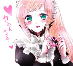 1girl blue_eyes feather_trim felicia_(fire_emblem) fire_emblem fire_emblem_fates gatona looking_at_viewer maid maid_headdress nintendo open_mouth pink_hair ponytail smile solo translation_request