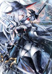 Rule 34 | 1girl, arknights, ascot, black gloves, black hat, black thighhighs, breasts, cape, commentary, gladiia (arknights), gloves, grey hair, hair over one eye, hand up, hat, high collar, highres, holding, holding polearm, holding weapon, long hair, looking at viewer, on (yattemasu), one eye covered, pointy ears, polearm, red eyes, solo, thighhighs, very long hair, weapon, white ascot