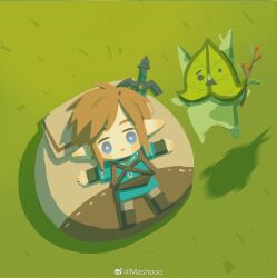 Rule 34 | 1boy, backpack, bag, black footwear, black shirt, blonde hair, blue eyes, blue tunic, blush stickers, boots, branch, bright pupils, chibi, chinese commentary, commentary, full body, grass, highres, holding, holding branch, korok, link, looking at viewer, lying, mashooo, master sword, nintendo, on back, open mouth, pointy ears, shirt, short hair, solo, the legend of zelda, the legend of zelda: tears of the kingdom, undershirt, weibo watermark, white pupils