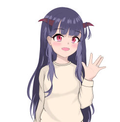 Rule 34 | 1girl, alternate costume, alternate hairstyle, blue archive, casual, fuuka (blue archive), hair down, happy, hime cut, horns, long hair, long sleeves, looking at viewer, purple hair, red eyes, shirt, smile, solo, upper body, very long hair, waving, zhaoze yuren