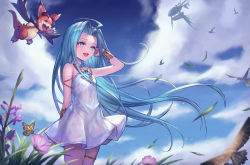 Rule 34 | 1girl, :d, bare shoulders, bird, blue eyes, blue hair, blue sky, bracelet, bug, butterfly, choker, cloud, commentary request, day, dress, flower, granblue fantasy, grass, highres, bug, jewelry, bridal garter, long hair, lyria (granblue fantasy), open mouth, outdoors, sachi (160332), sky, smile, standing, vyrn (granblue fantasy), very long hair, white choker, white dress, wind