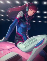 Rule 34 | 1girl, arm support, biahnyang, bodysuit, breasts, brown eyes, brown hair, clothes writing, cowboy shot, d.va (overwatch), facial mark, gloves, headphones, leaning back, lights, lips, long hair, looking at viewer, looking to the side, mecha, medium breasts, meka (overwatch), overwatch, overwatch 1, pilot suit, robot, sitting, sitting on object, smile, smug, solo, whisker markings, white gloves