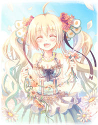 Rule 34 | 1girl, :d, ^ ^, ahoge, antenna hair, bad id, bad nicoseiga id, bare shoulders, blonde hair, blush, bracelet, breasts, cleavage, closed eyes, cowboy shot, day, dress, closed eyes, flower, hair flower, hair ornament, hair ribbon, halterneck, jewelry, light rays, long hair, medium breasts, necklace, open mouth, original, outdoors, petals, ribbon, sky, smile, solo, sunbeam, sunlight, twintails, wavy hair, yamadori yoshitomo