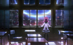 Rule 34 | 1girl, black thighhighs, chair, classroom, curtains, desk, dress, facing away, from behind, highres, houkago no pleiades, indoors, pink hair, planet, school, school desk, short dress, sky, solo, standing, star (sky), star (symbol), starry sky, subaru (houkago no pleiades), table, thighhighs, uniform, window shadow, zettai ryouiki