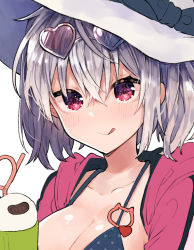 Rule 34 | 1girl, :q, angel chromosome xx, bikini, black bikini, breasts, cleavage, closed mouth, collarbone, cup, drinking straw, eyewear on head, hair between eyes, hat, heart, heart-shaped eyewear, hood, hood down, hooded jacket, ikeuchi tanuma, jacket, large breasts, long hair, looking at viewer, mug, neon genesis evangelion, open clothes, open jacket, pink jacket, polka dot, portrait, red eyes, sidelocks, silver hair, simple background, smile, solo, sun hat, swimsuit, tabris-xx, tongue, tongue out, twintails, white background, white hat