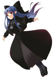 Rule 34 | 00s, 1girl, black dress, blue hair, bow, dress, full body, hair bow, half updo, len (tsukihime), long sleeves, looking at viewer, mary janes, mizuki makoto, pointy ears, pom pom (clothes), ribbon, shoes, sidelocks, simple background, solo, tsukihime, white background