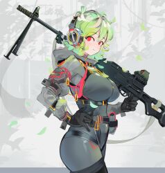 Rule 34 | 1girl, absurdres, belt, black gloves, bodysuit, breasts, gloves, green hair, gun, hand on own hip, headset, highres, holding, holding gun, holding weapon, large breasts, looking at viewer, original, over shoulder, polilla, red eyes, short hair, smile, solo, weapon, weapon over shoulder